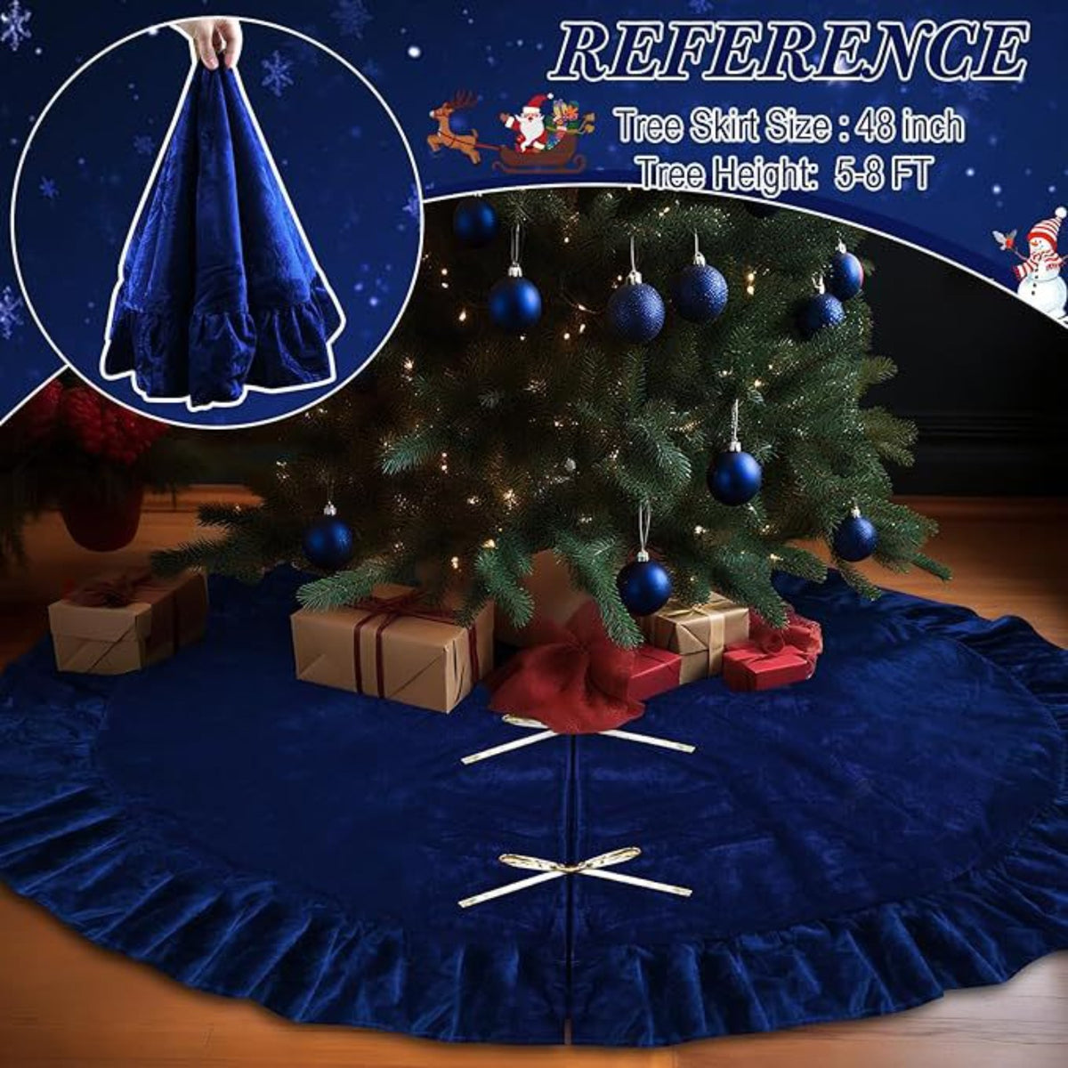 Christmas Tree Skirt 48 Inch Dark Blue Velvet Ruffle Tree Apron Holiday Decorations Tree Bottom Seat Cushion