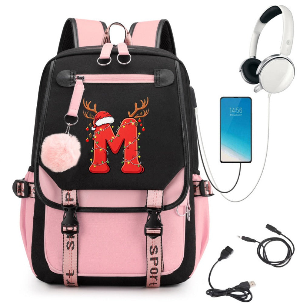 Pink School Students Campus Bag Schoolbag Backpack With A-Z 26 Letters Lightweight Travel Christmas Gifts