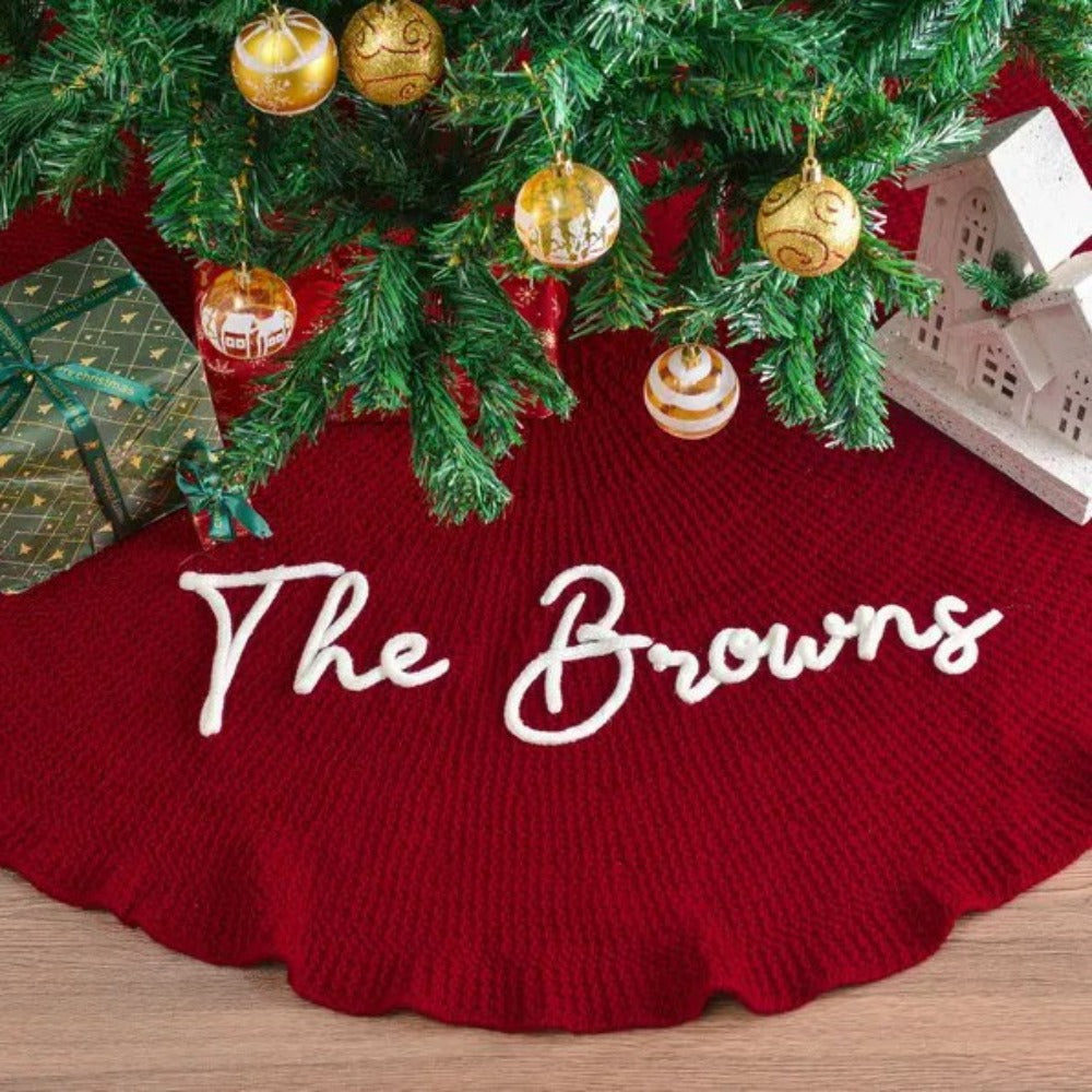 Personalized Hand Embroidered Name Christmas Ornament Tree Skirt Red Creamy White Knitted Christmas Tree Skirt