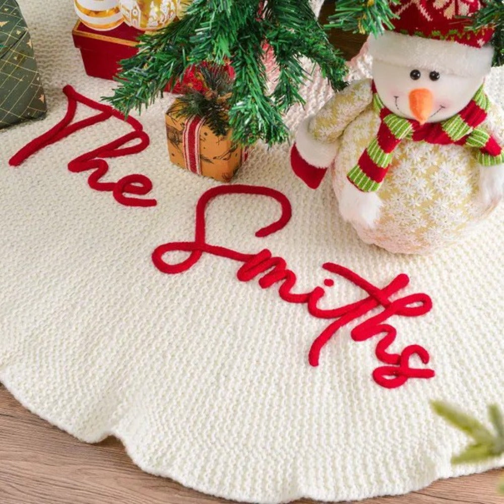 Personalized Hand Embroidered Name Christmas Ornament Tree Skirt Red Creamy White Knitted Christmas Tree Skirt