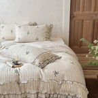 2026 New French Cottagecore Striped 100% Cotton Bedding Set with Ruffles and Embroidery For Farmhouse