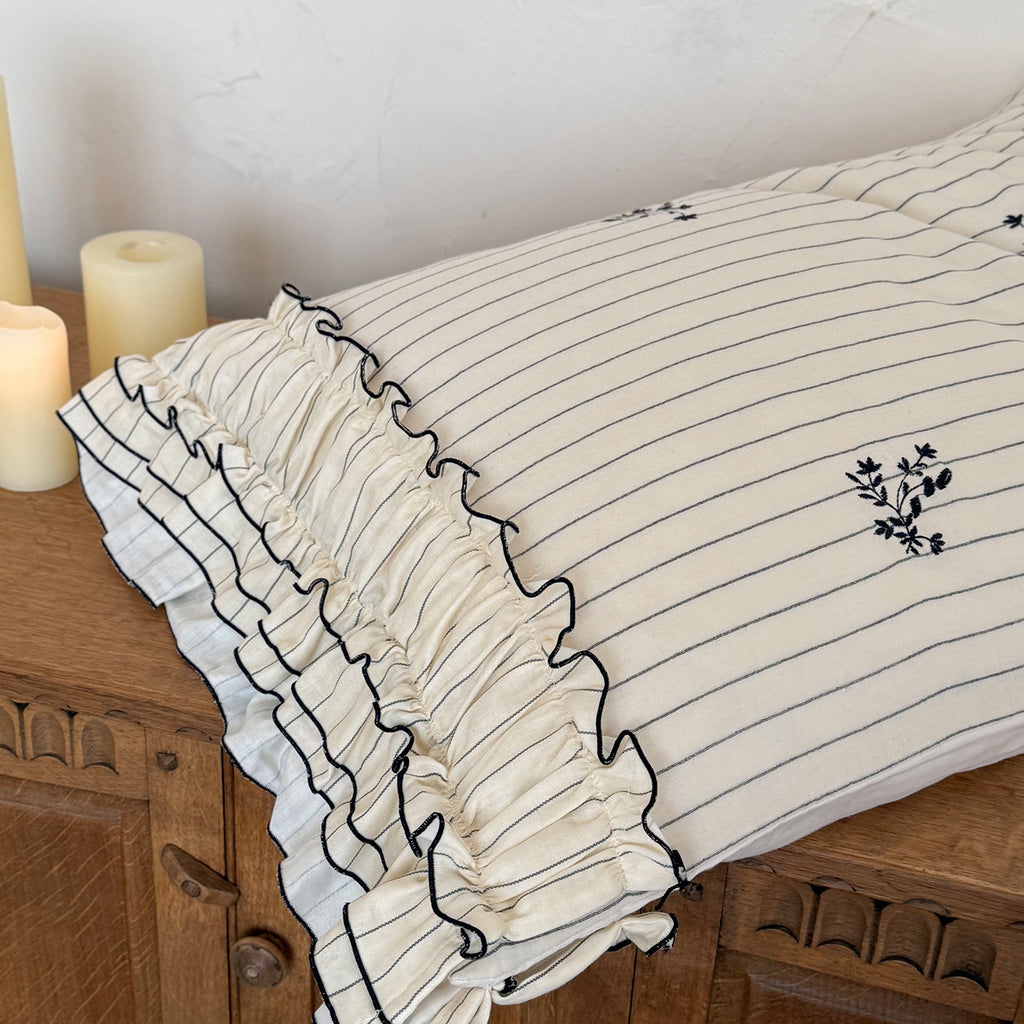 2026 New French Cottagecore Striped 100% Cotton Bedding Set with Ruffles and Embroidery For Farmhouse