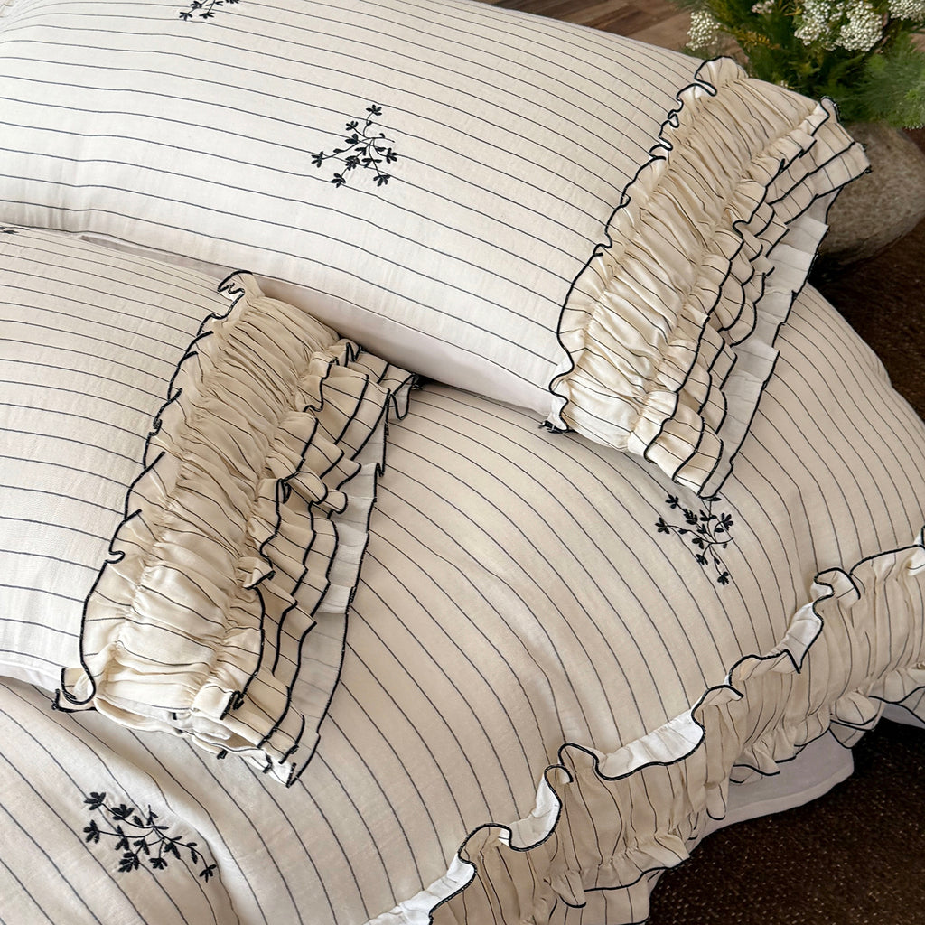 2026 New French Cottagecore Striped 100% Cotton Bedding Set with Ruffles and Embroidery For Farmhouse