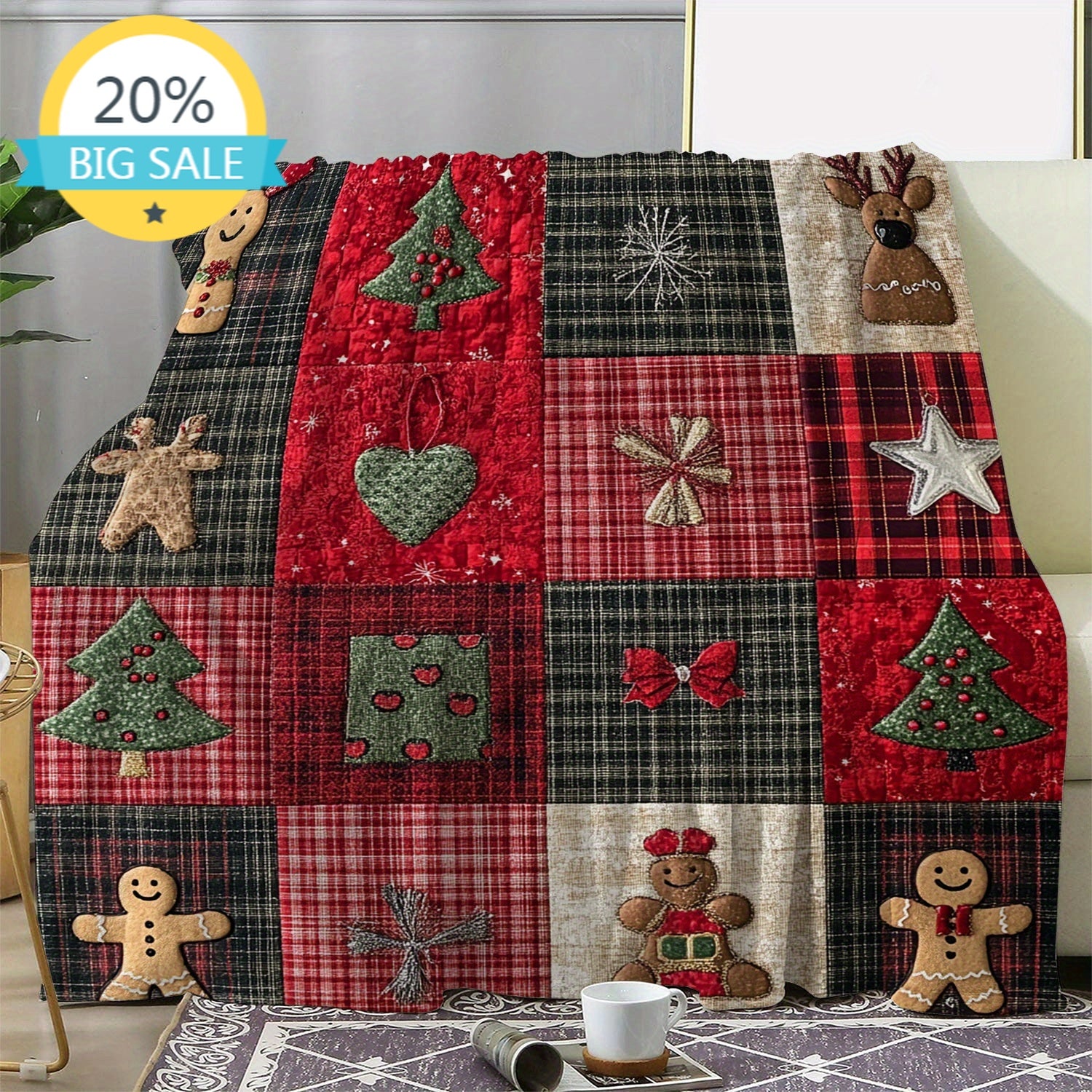 1pc Rustic Plaid Christmas Star Gingerbread Man Christmas Tree Floral Print Throw Blanket, Soft Warm Knitted Polyester Flannel