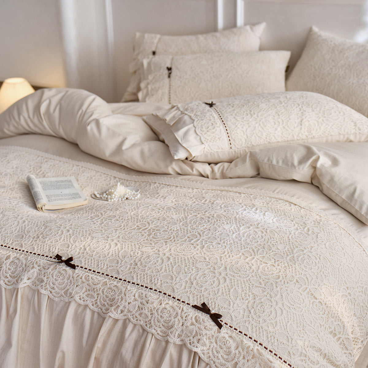 French Cotton-Linen Lace Bedspread Bedding Set - Riviera Elegance