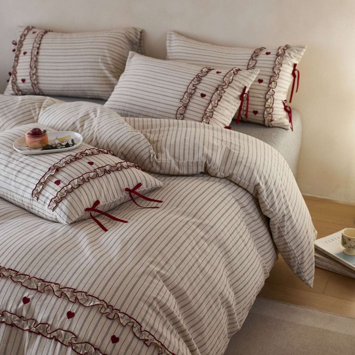 French Cottage Floral Cotton-Linen Blend Bow Bedding Set