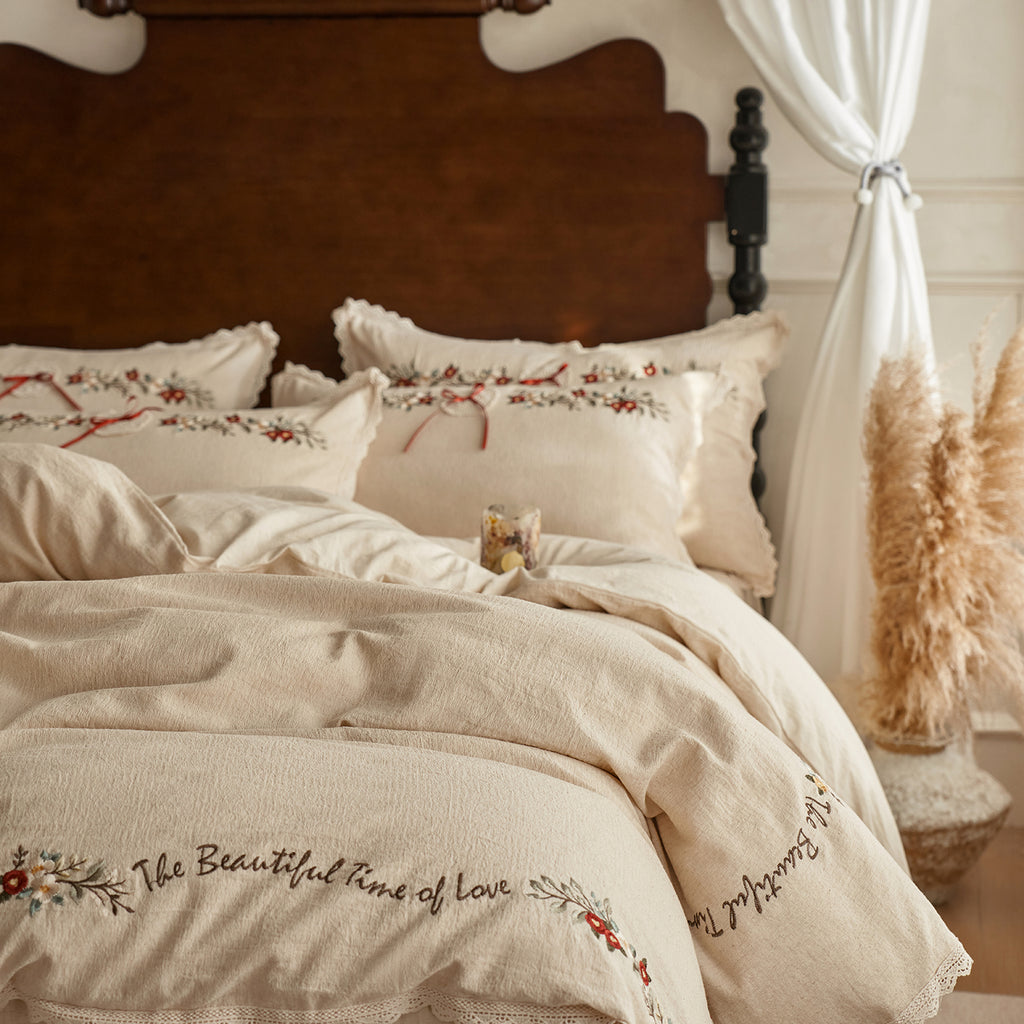 French Cotton-Linen Lace Embroidered Bedding Set - Spring Breeze