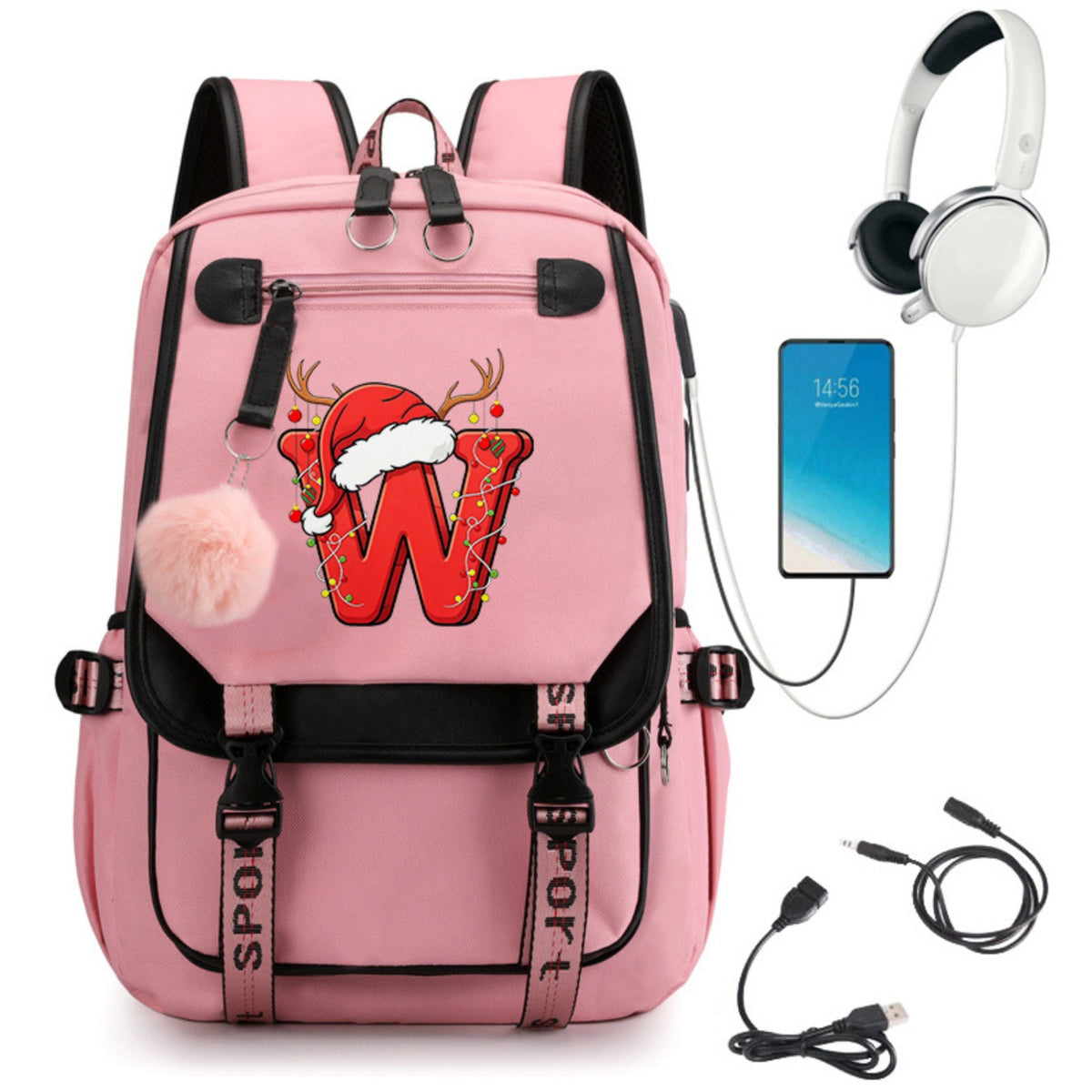 Pink School Students Campus Bag Schoolbag Backpack With A-Z 26 Letters Lightweight Travel Christmas Gifts