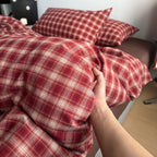 2026 New Retro 100% Washed Cotton Vintage Red Plaid Duvet Cover Set