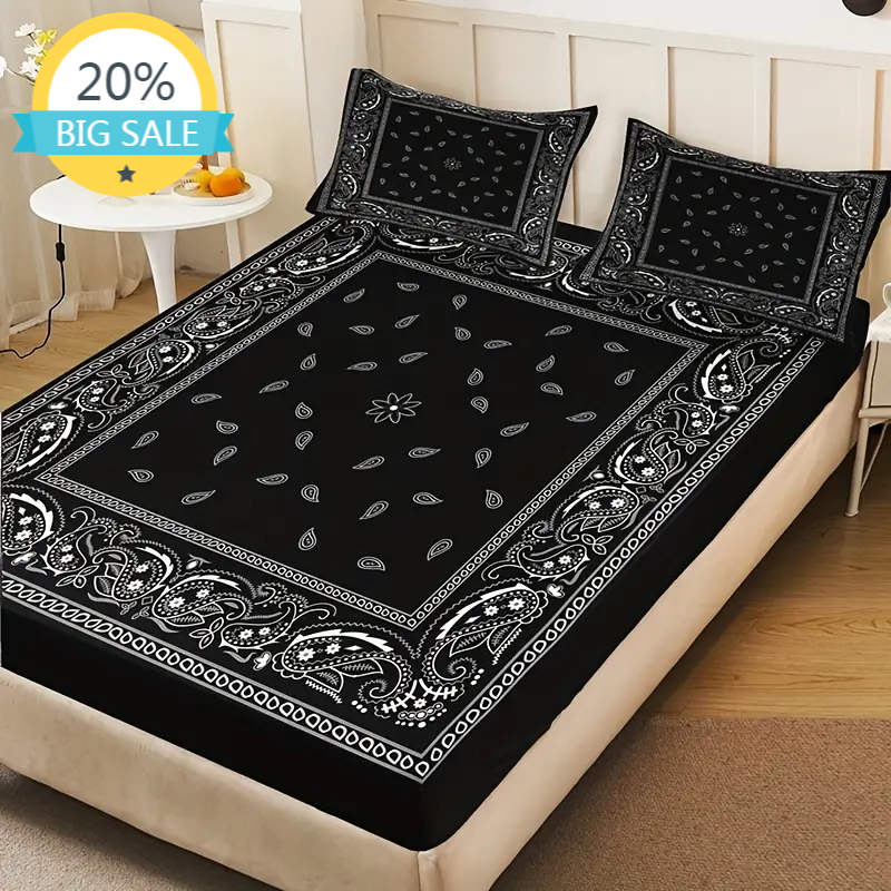 Black Paisley Mandala Fitted Sheet Set Bohemian Style Mattress Covers Soft Breathable  With Deep Pocket for Bedroom
