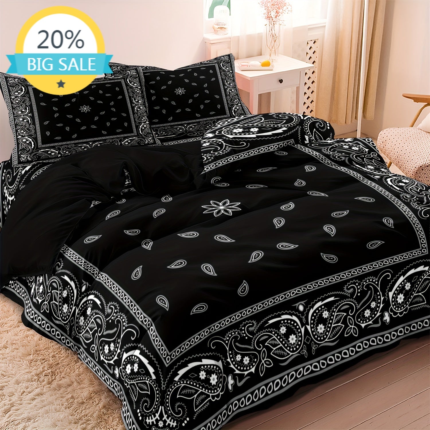 Paisley Mandala Black Duvet Cover Set Bohemian Style Double For Adults Queen King Size Bedding Set With Pillowcase For Bedroom