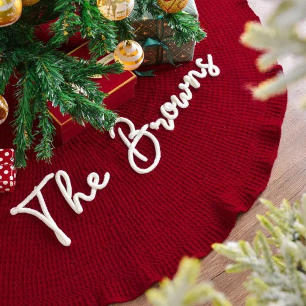 Personalized Hand Embroidered Name Christmas Ornament Tree Skirt Red Creamy White Knitted Christmas Tree Skirt