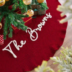 Personalized Hand Embroidered Name Christmas Ornament Tree Skirt Red Creamy White Knitted Christmas Tree Skirt