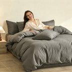 Cream Textured Duvet Cover Queen Size - 3 piece Soft Washed Cotton Bedding Set with Zipper Closure & 8 Corner Ties