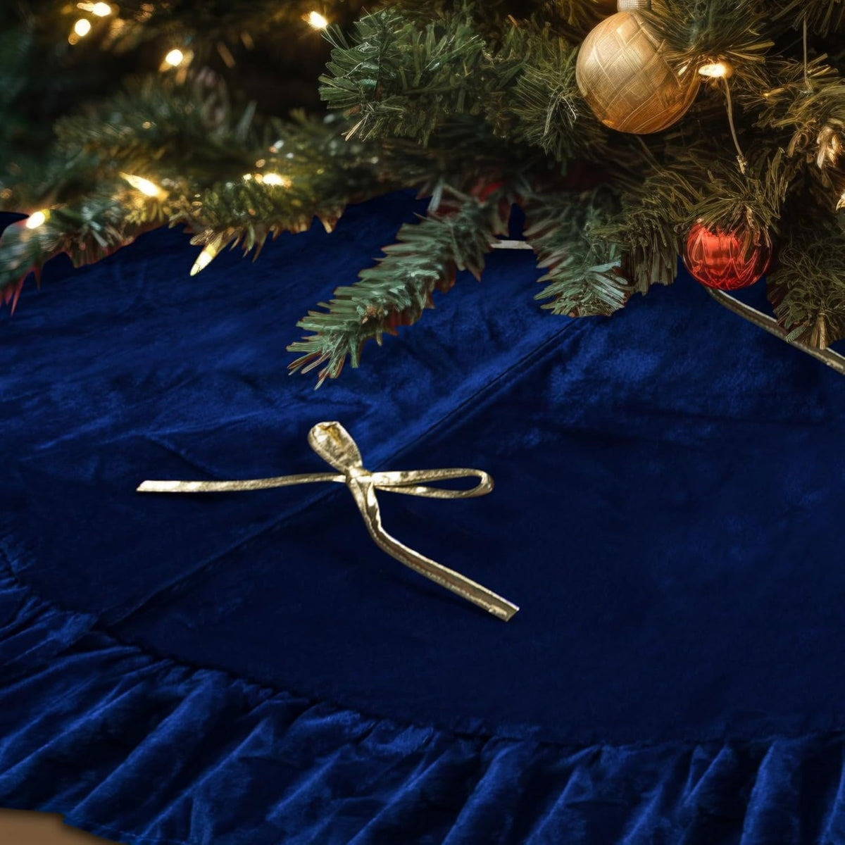 Christmas Tree Skirt 48 Inch Dark Blue Velvet Ruffle Tree Apron Holiday Decorations Tree Bottom Seat Cushion