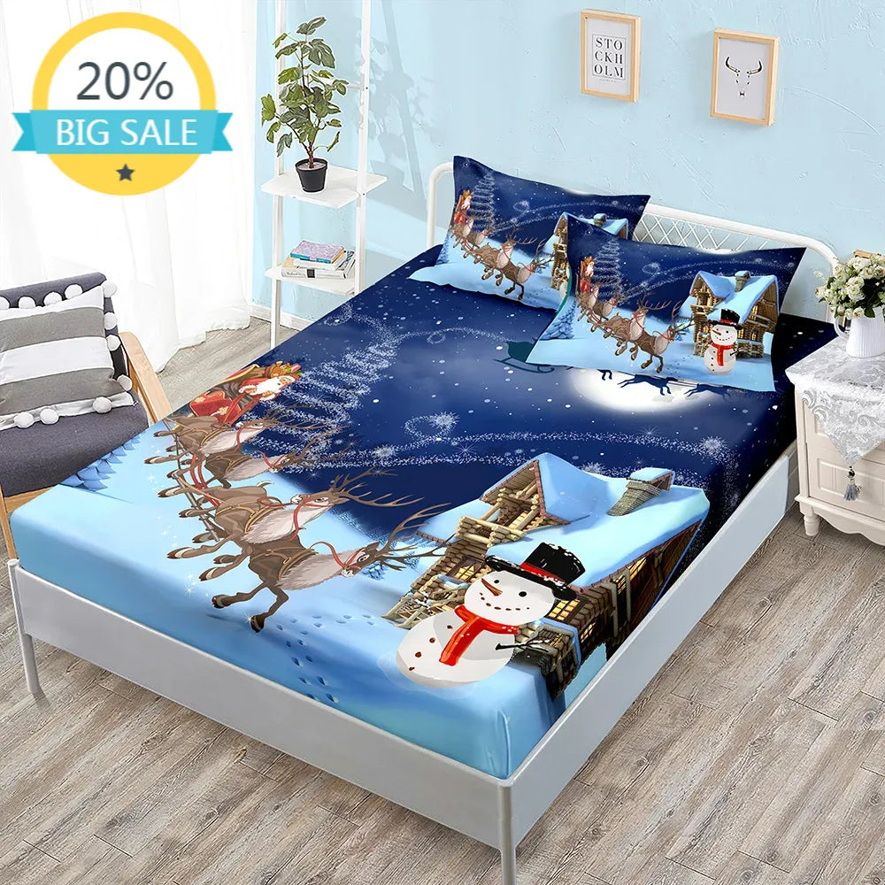 Winter Printed Fitted Sheet Santa Claus Snowflake Polyester Elastic Band Mattress Cover Pillowcase Fashion Bedding Bedroom Decor