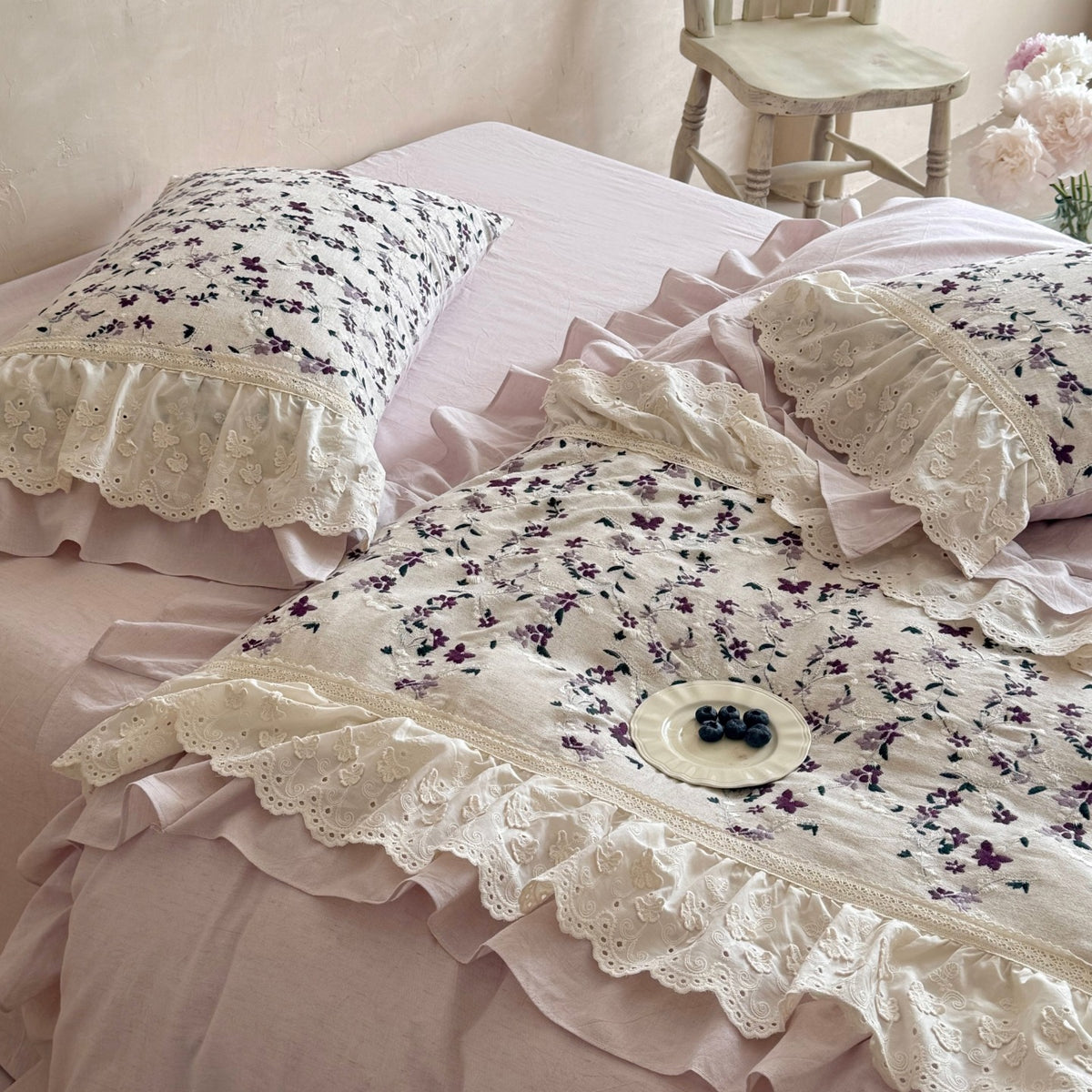 Cotton Embroidered Lace Trim Bedding Set
