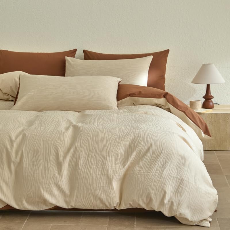 Cream Textured Duvet Cover Queen Size - 3 piece Soft Washed Cotton Bedding Set with Zipper Closure & 8 Corner Ties
