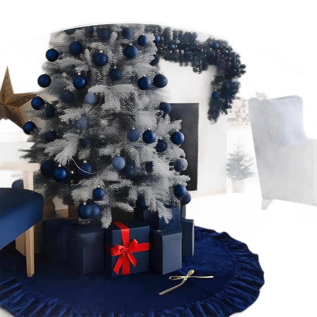 Christmas Tree Skirt 48 Inch Dark Blue Velvet Ruffle Tree Apron Holiday Decorations Tree Bottom Seat Cushion