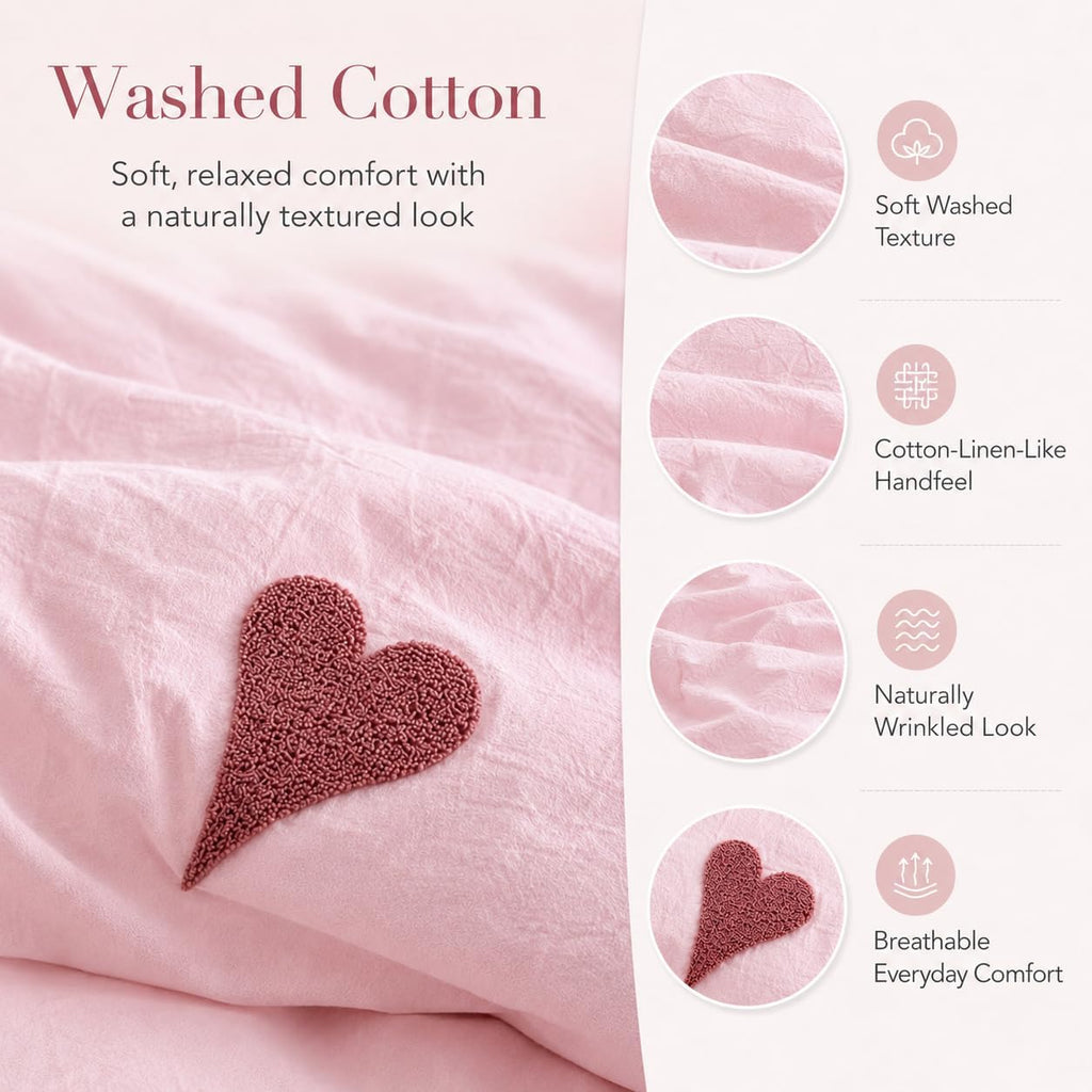 Soft Pink Duvet Cover Set with Heart Embroidery - Washed Cotton Cute Bedding with 2 Pillowcases