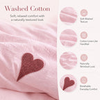 Soft Pink Duvet Cover Set with Heart Embroidery - Washed Cotton Cute Bedding with 2 Pillowcases