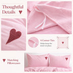 Soft Pink Duvet Cover Set with Heart Embroidery - Washed Cotton Cute Bedding with 2 Pillowcases
