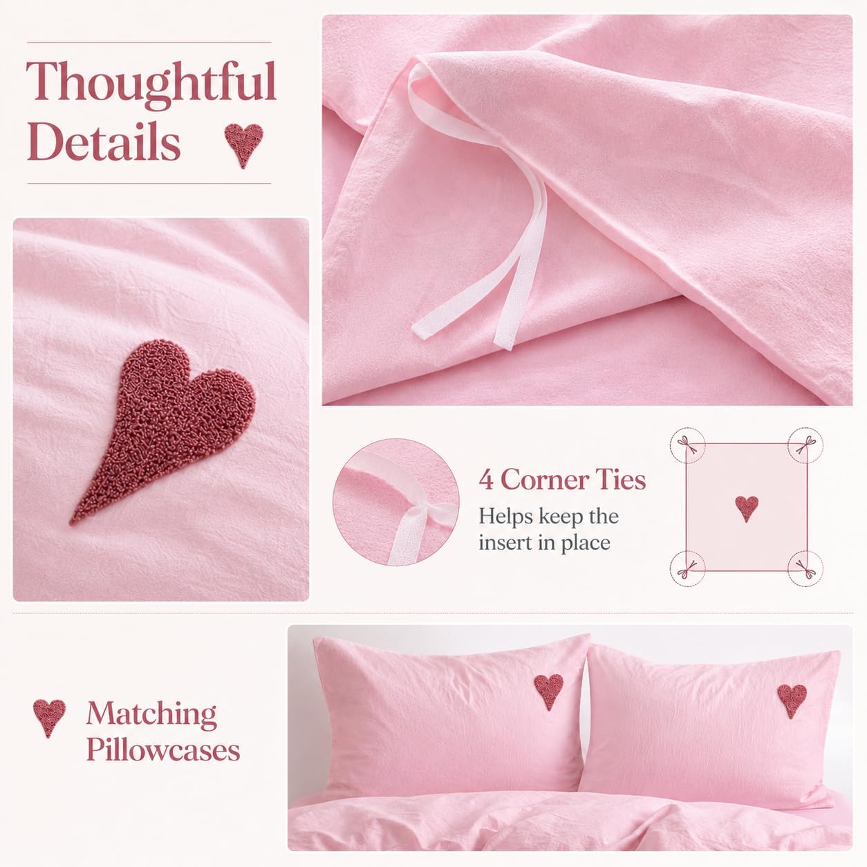 Soft Pink Duvet Cover Set with Heart Embroidery - Washed Cotton Cute Bedding with 2 Pillowcases