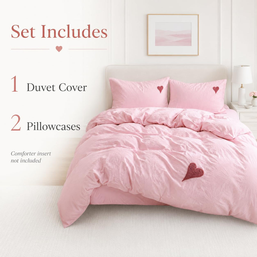 Soft Pink Duvet Cover Set with Heart Embroidery - Washed Cotton Cute Bedding with 2 Pillowcases