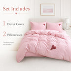 Soft Pink Duvet Cover Set with Heart Embroidery - Washed Cotton Cute Bedding with 2 Pillowcases