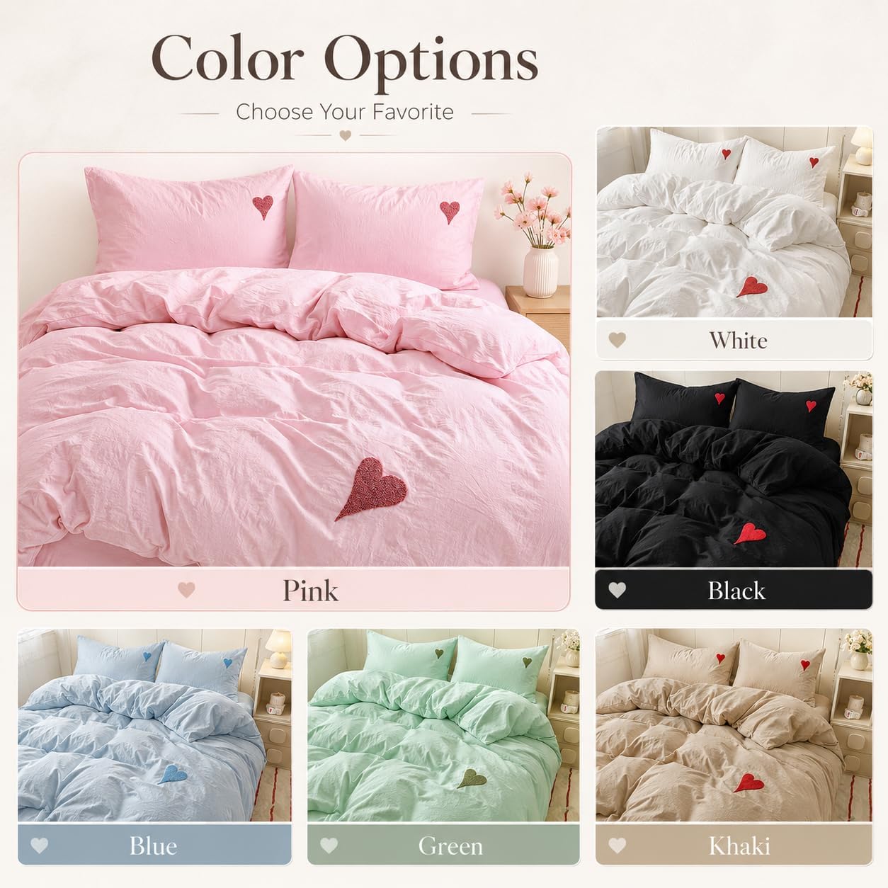 Soft Pink Duvet Cover Set with Heart Embroidery - Washed Cotton Cute Bedding with 2 Pillowcases