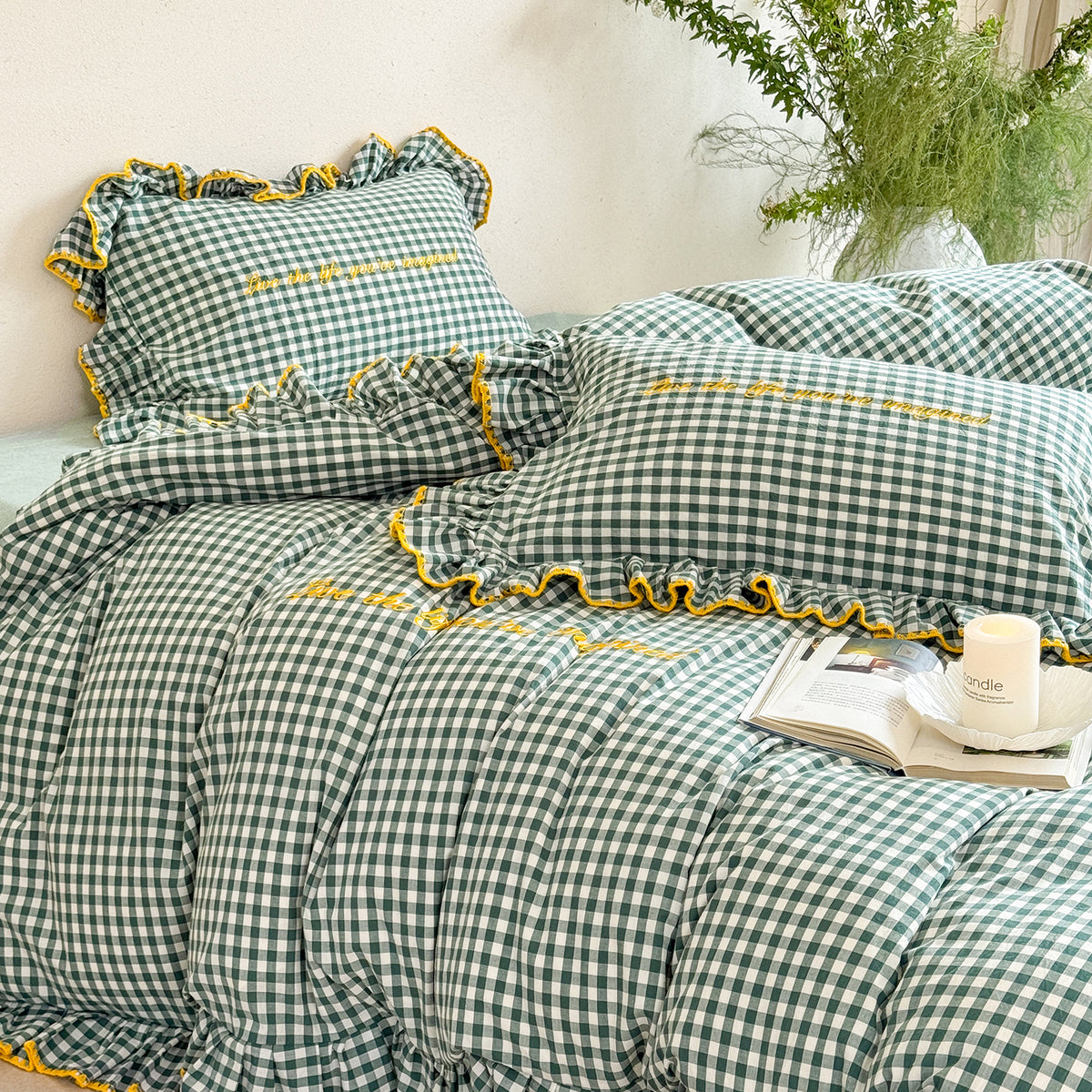 Washed Cotton Embroidered Lace Duvet Cover Set - 4 Piece Bedding Set