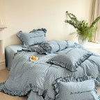 Washed Cotton Embroidered Lace Duvet Cover Set - 4 Piece Bedding Set