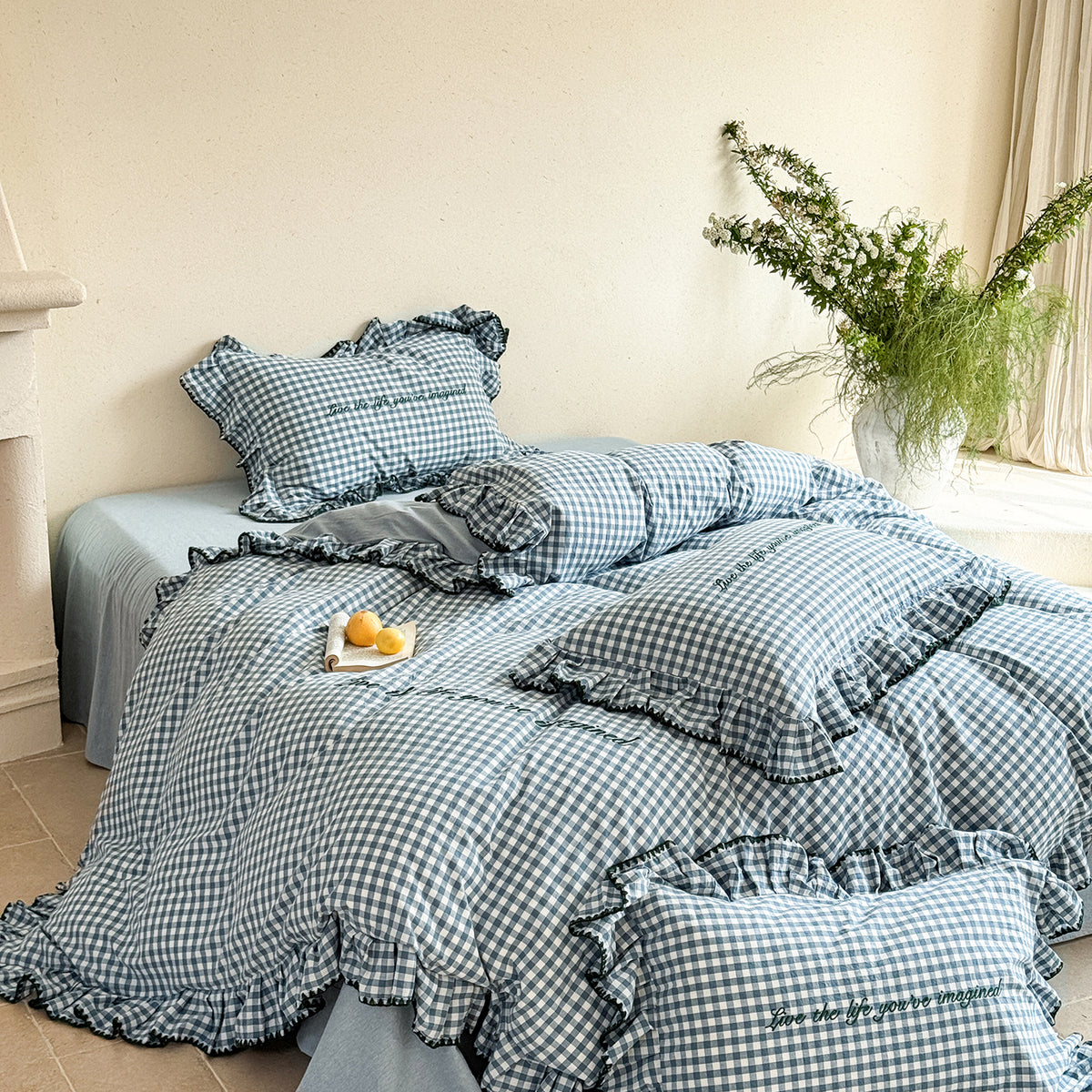 Washed Cotton Embroidered Lace Duvet Cover Set - 4 Piece Bedding Set
