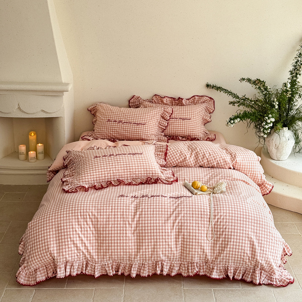 Washed Cotton Embroidered Lace Duvet Cover Set - 4 Piece Bedding Set