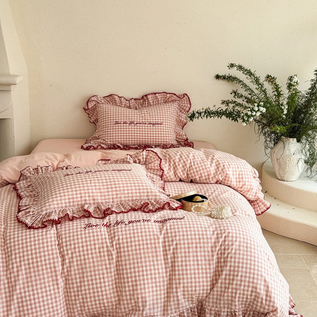 Washed Cotton Embroidered Lace Duvet Cover Set - 4 Piece Bedding Set