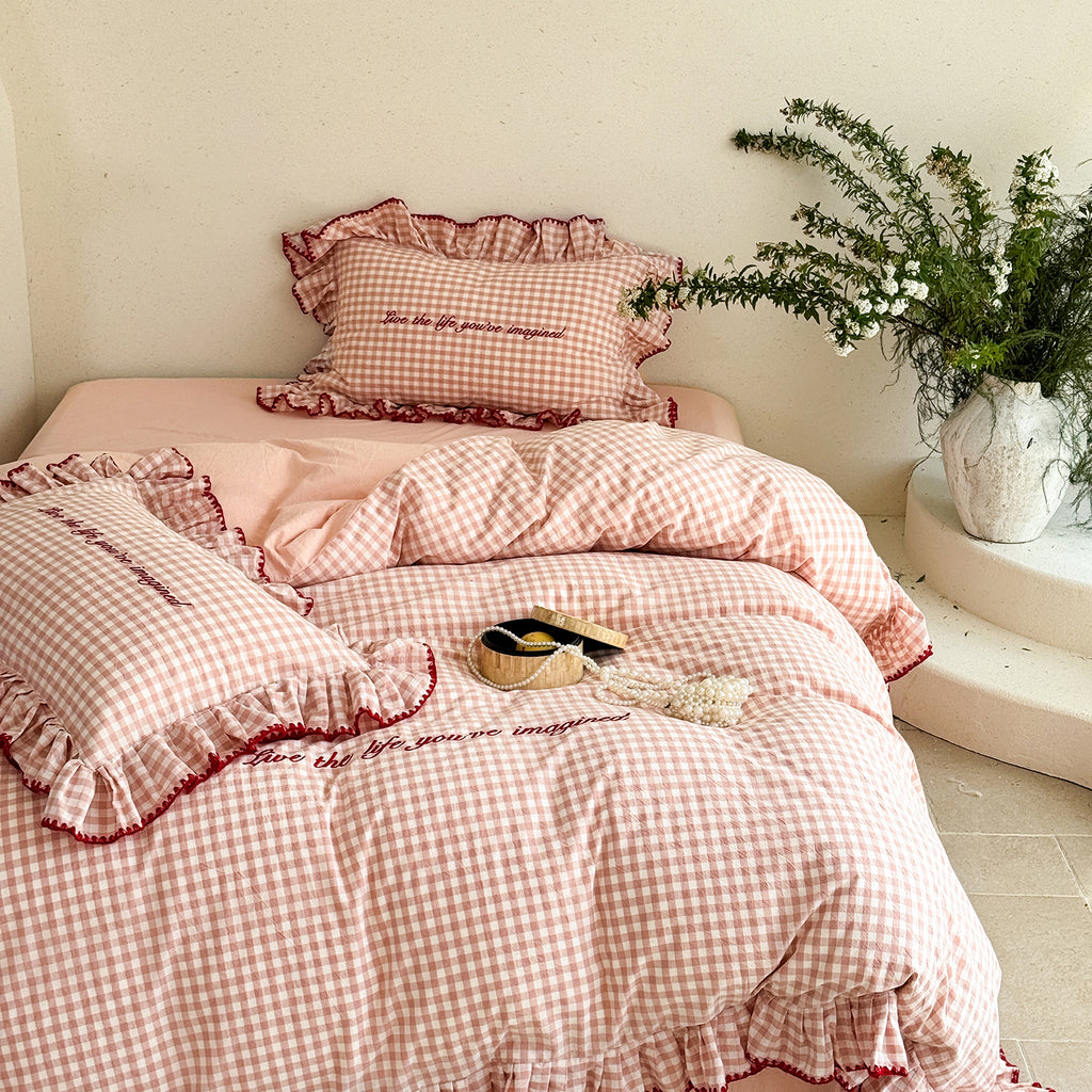 Washed Cotton Embroidered Lace Duvet Cover Set - 4 Piece Bedding Set