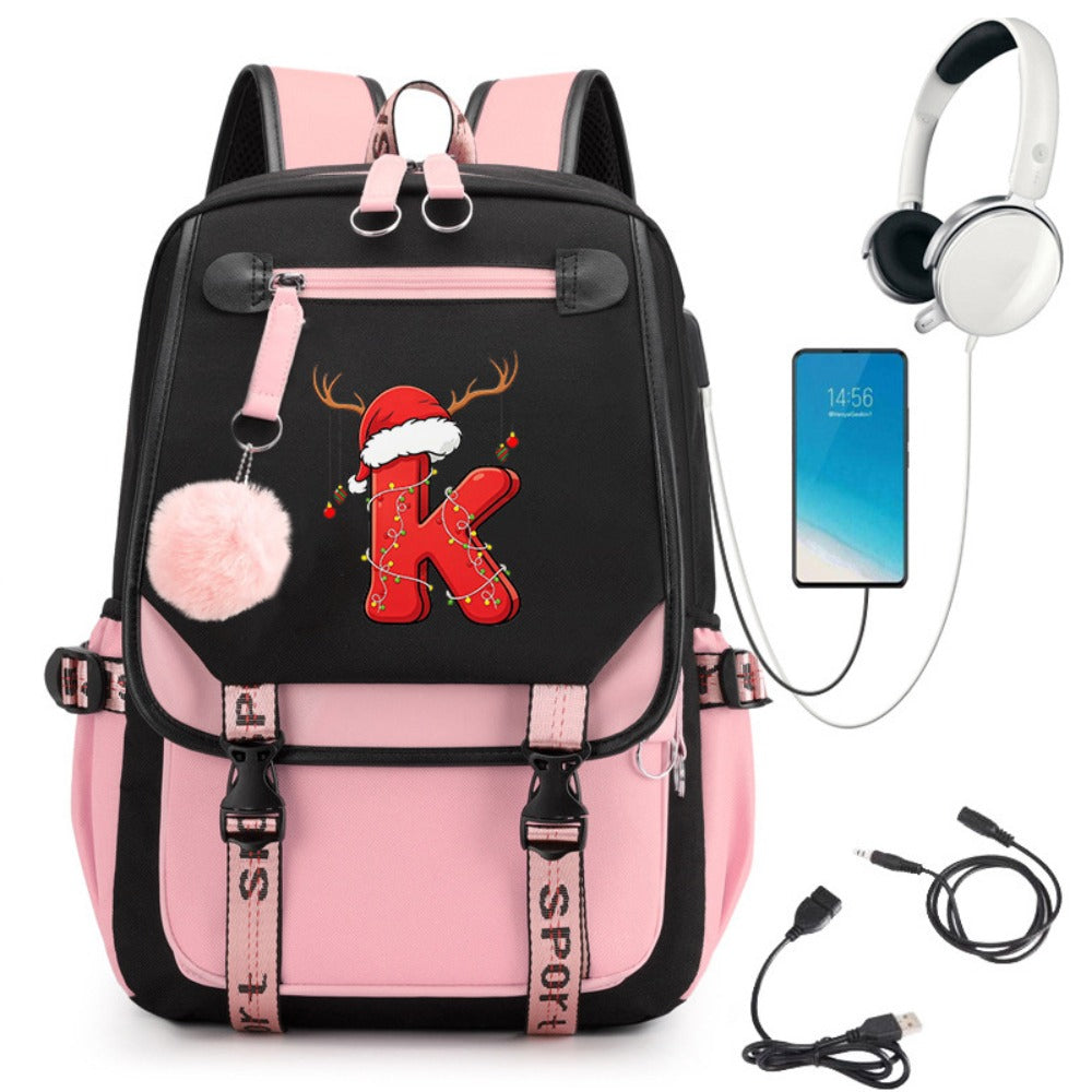 Pink School Students Campus Bag Schoolbag Backpack With A-Z 26 Letters Lightweight Travel Christmas Gifts