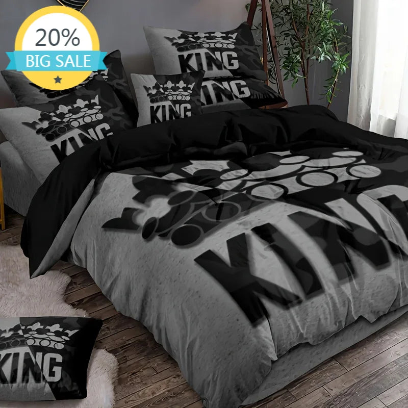Grey and Black King Size Bed Pattern Down Duvet Cover Set, Soft and Comfortable Bedroom and Dormitory Decoration Bedding Set