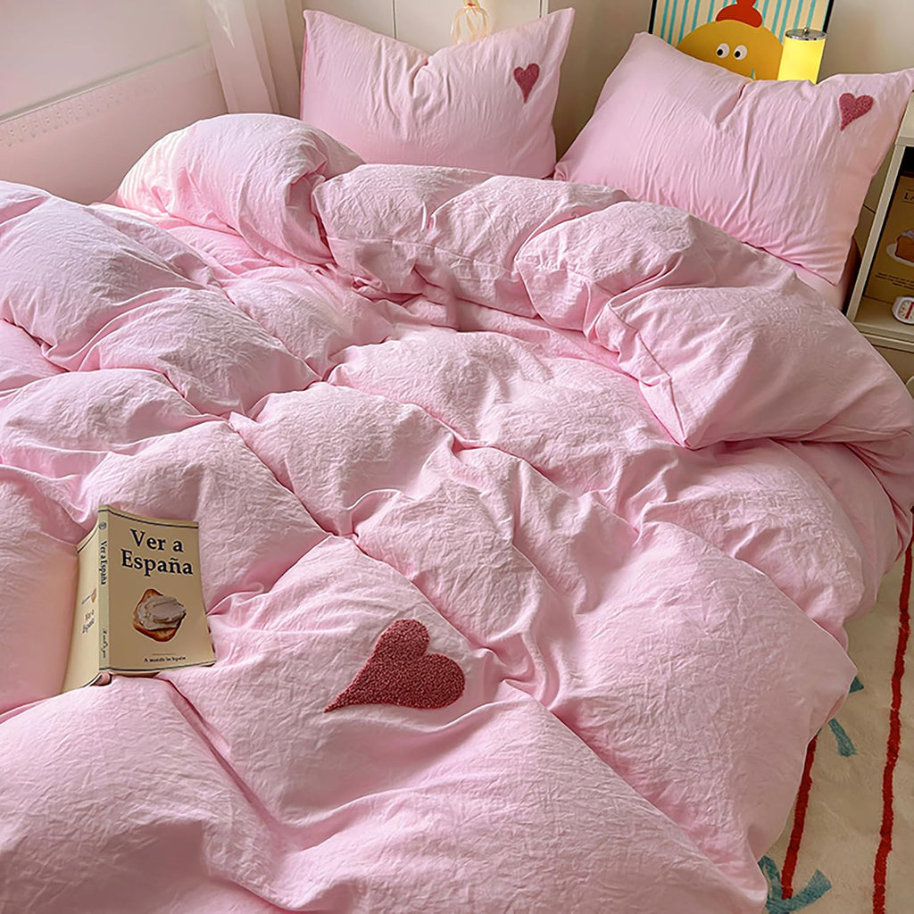 Soft Pink Duvet Cover Set with Heart Embroidery - Washed Cotton Cute Bedding with 2 Pillowcases