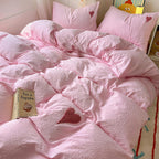 Soft Pink Duvet Cover Set with Heart Embroidery - Washed Cotton Cute Bedding with 2 Pillowcases
