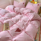 Soft Pink Duvet Cover Set with Heart Embroidery - Washed Cotton Cute Bedding with 2 Pillowcases