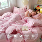 Soft Pink Duvet Cover Set with Heart Embroidery - Washed Cotton Cute Bedding with 2 Pillowcases