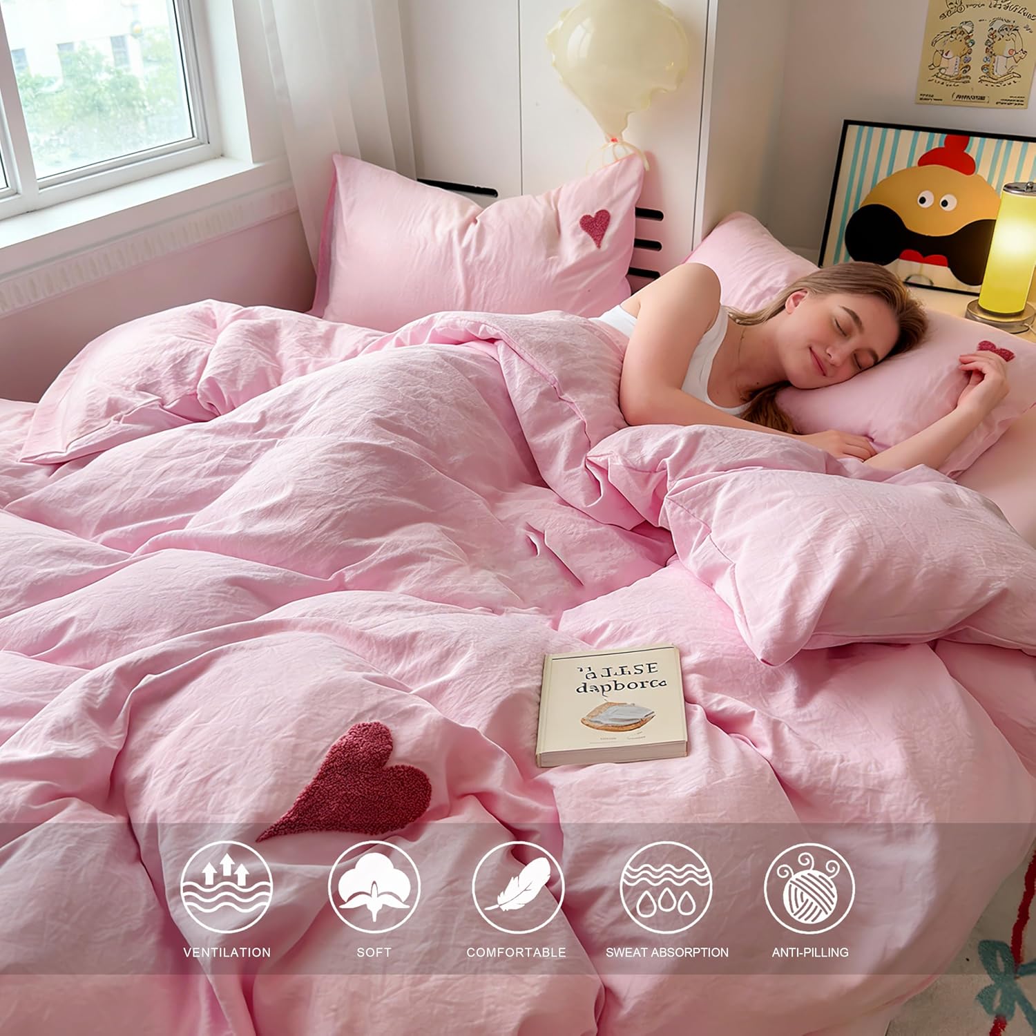 Soft Pink Duvet Cover Set with Heart Embroidery - Washed Cotton Cute Bedding with 2 Pillowcases