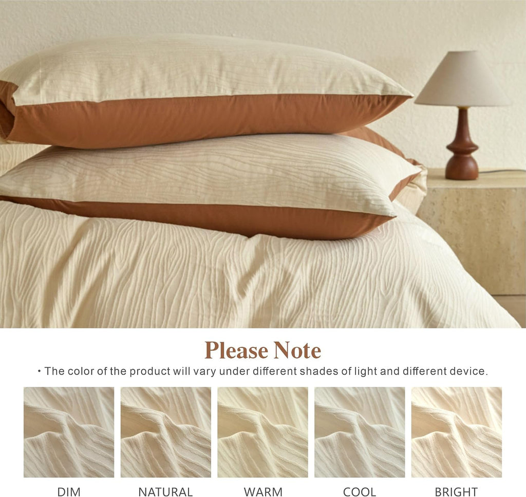Cream Textured Duvet Cover Queen Size - 3 piece Soft Washed Cotton Bedding Set with Zipper Closure & 8 Corner Ties