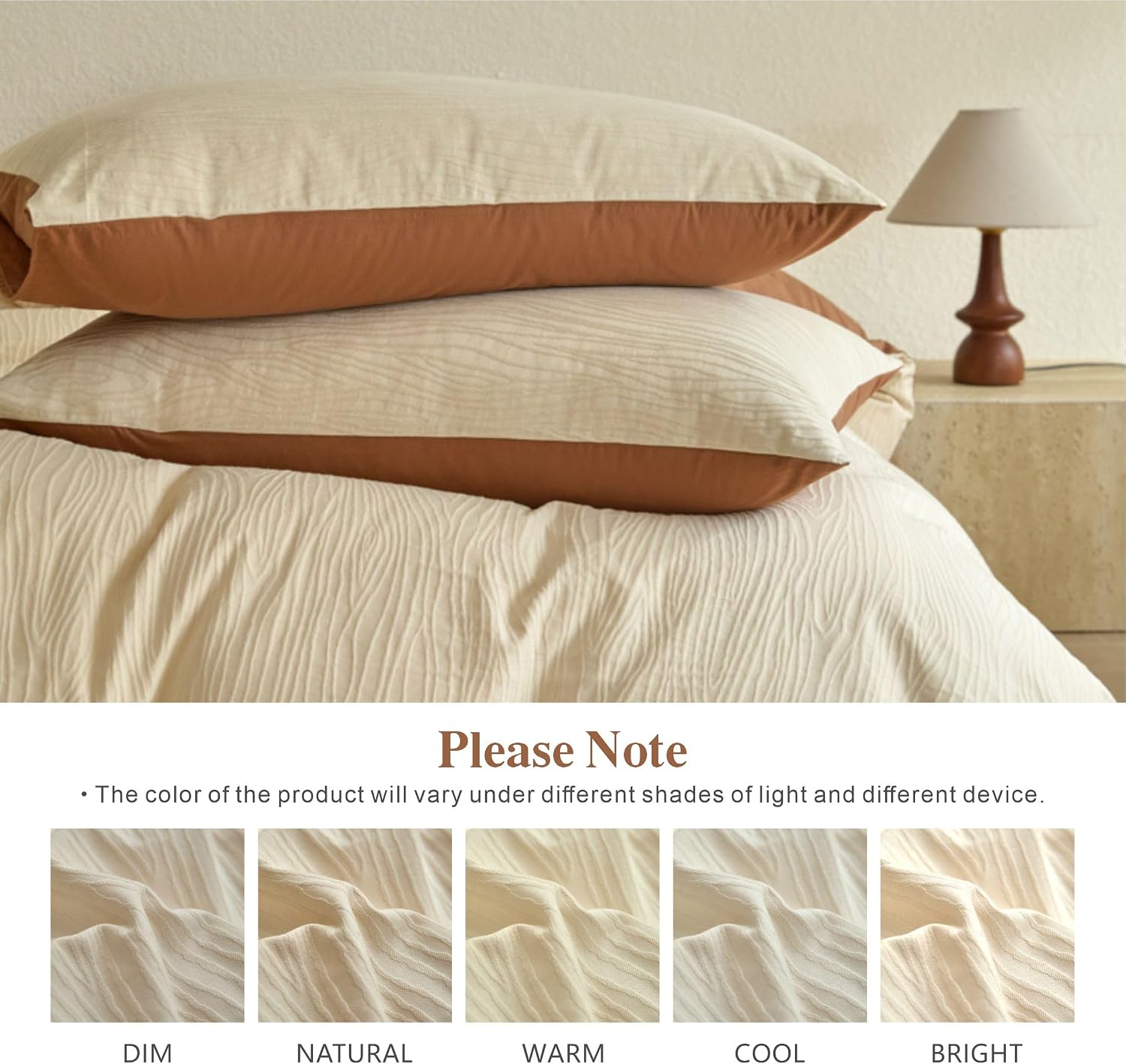 Cream Textured Duvet Cover Queen Size - 3 piece Soft Washed Cotton Bedding Set with Zipper Closure & 8 Corner Ties