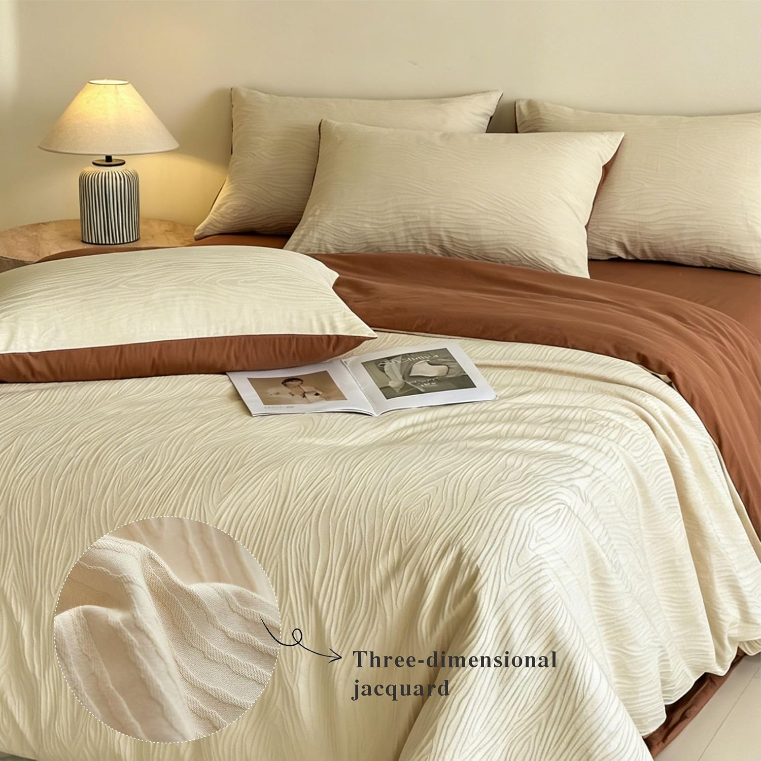 Cream Textured Duvet Cover Queen Size - 3 piece Soft Washed Cotton Bedding Set with Zipper Closure & 8 Corner Ties