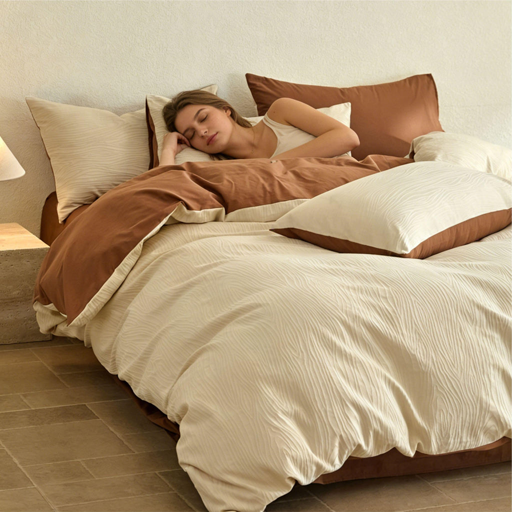 Cream Textured Duvet Cover Queen Size - 3 piece Soft Washed Cotton Bedding Set with Zipper Closure & 8 Corner Ties