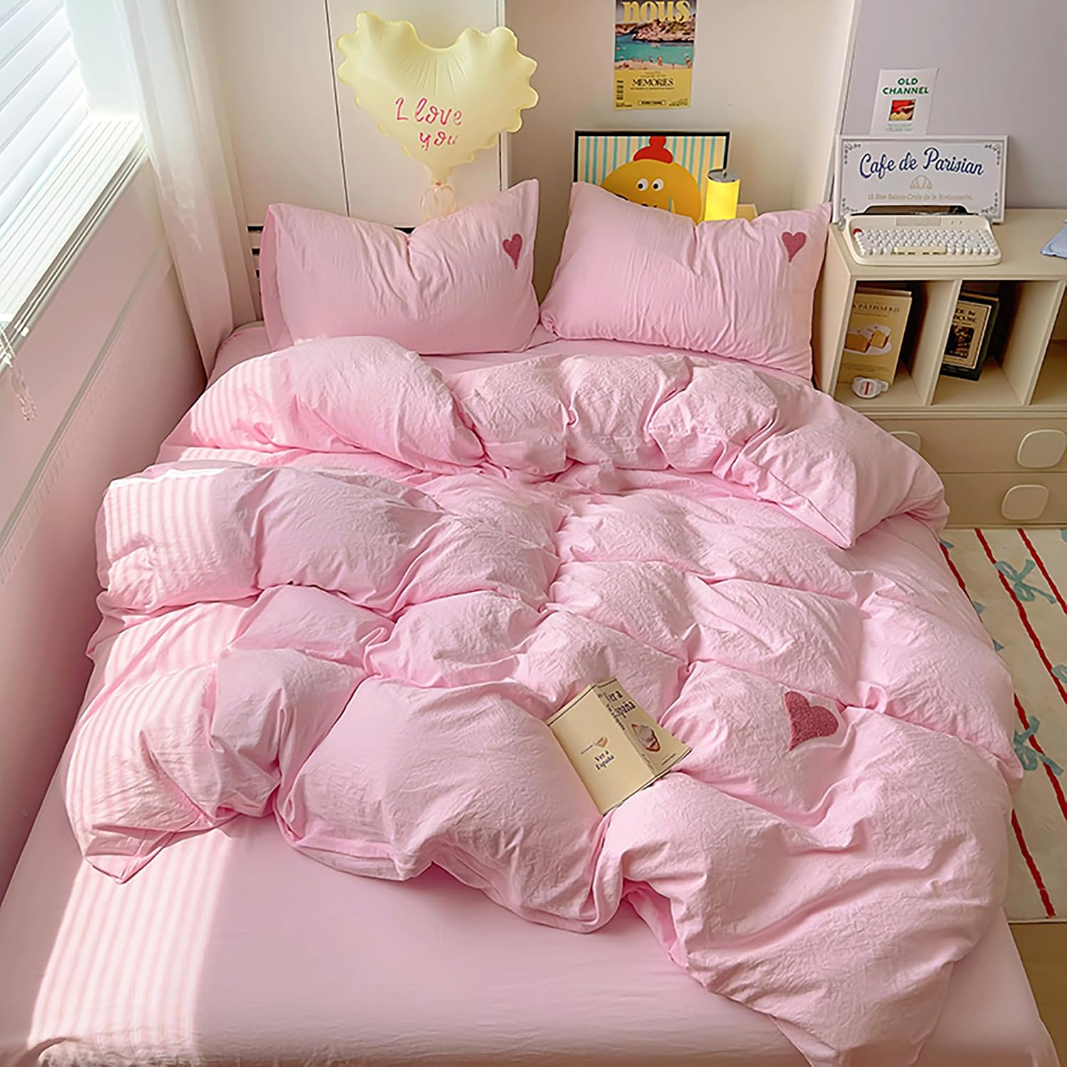 Soft Pink Duvet Cover Set with Heart Embroidery - Washed Cotton Cute Bedding with 2 Pillowcases