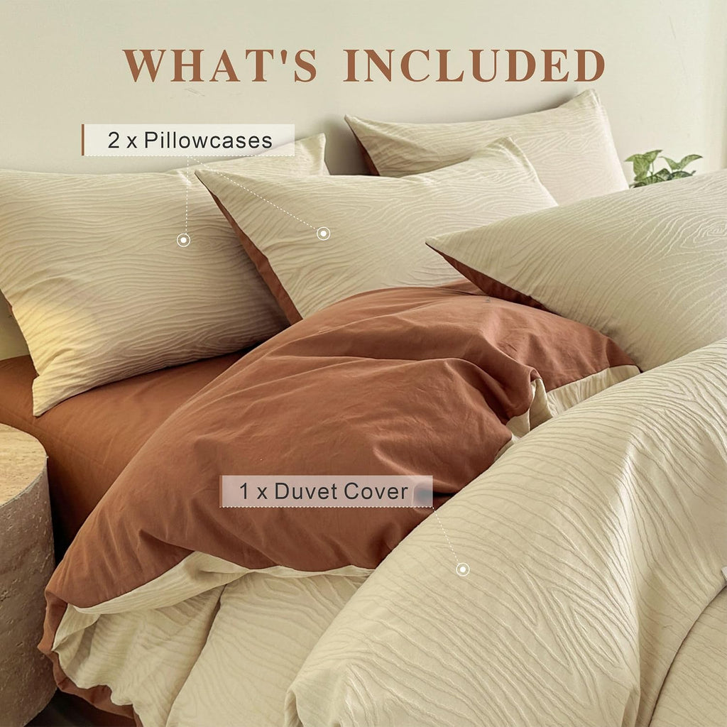 Cream Textured Duvet Cover Queen Size - 3 piece Soft Washed Cotton Bedding Set with Zipper Closure & 8 Corner Ties