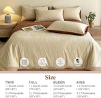 Cream Textured Duvet Cover Queen Size - 3 piece Soft Washed Cotton Bedding Set with Zipper Closure & 8 Corner Ties
